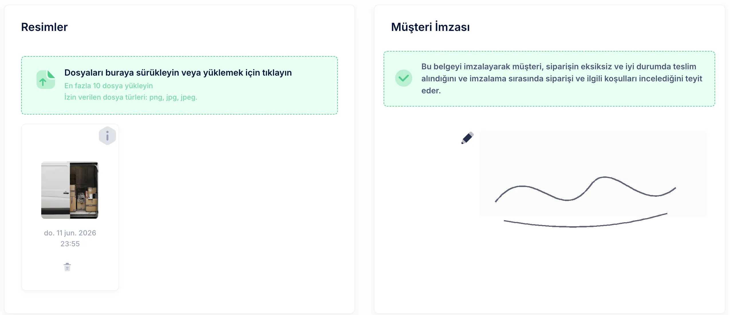 Teslimat kanıtı sistemin içinde.